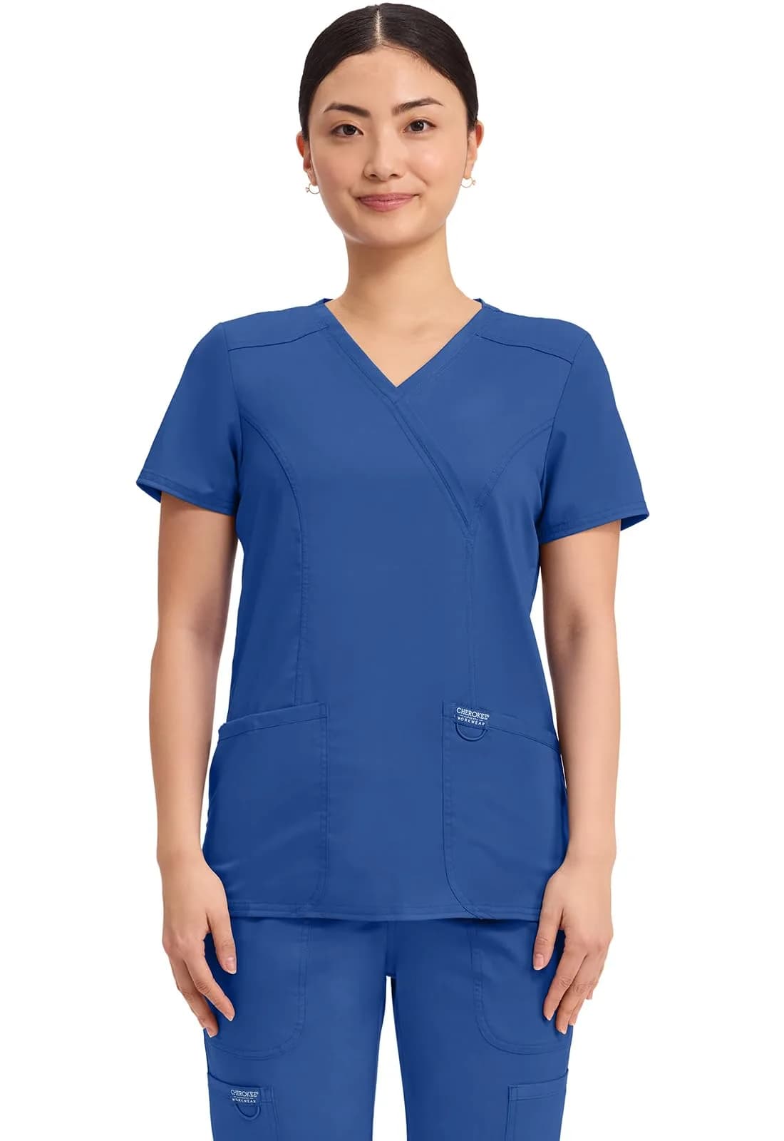 Cherokee Women Scrubs Top Workwear Revolution Mock Wrap WW610, L, Galaxy Blue | Durable, Stretchy, Professional Fit