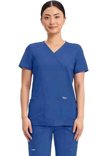 Cherokee Women Scrubs Top Workwear Revolution Mock Wrap WW610, L, Galaxy Blue | Durable, Stretchy, Professional Fit thumbnail 1