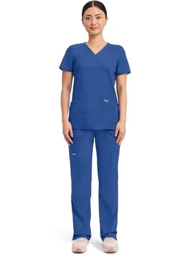 Cherokee Women Scrubs Top Workwear Revolution Mock Wrap WW610, L, Galaxy Blue | Durable, Stretchy, Professional Fit thumbnail 6
