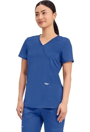 Cherokee Women Scrubs Top Workwear Revolution Mock Wrap WW610, L, Galaxy Blue | Durable, Stretchy, Professional Fit thumbnail 2