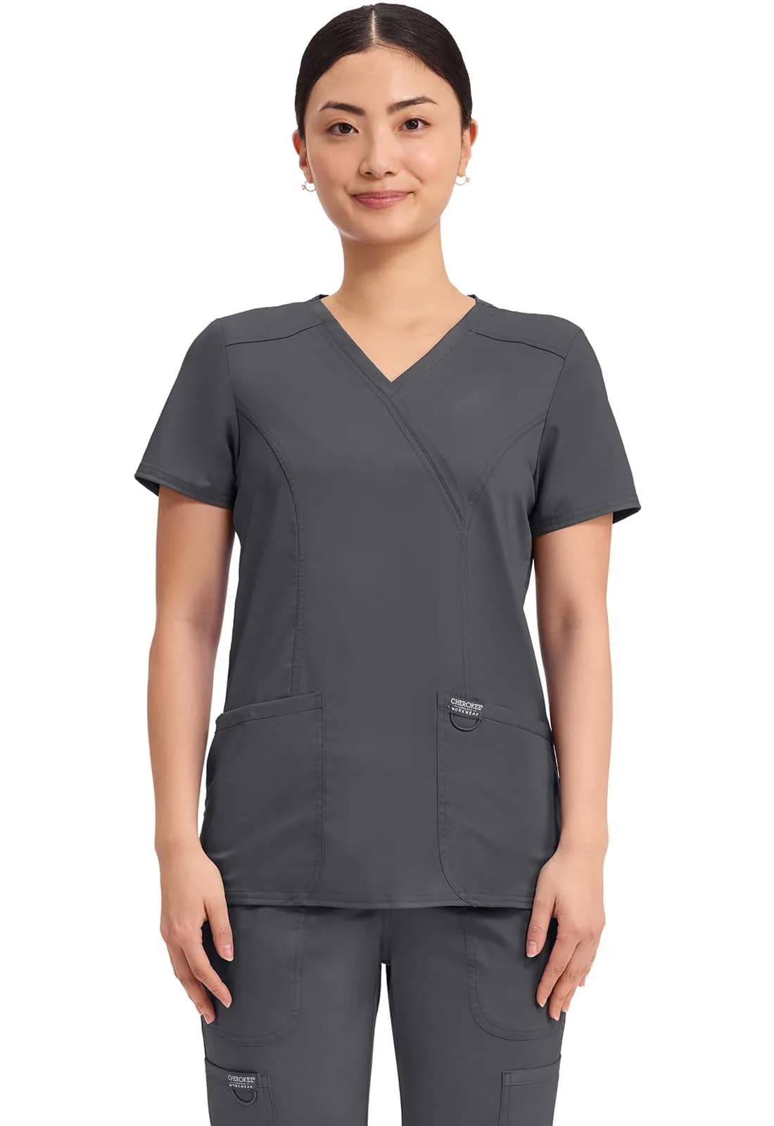 Cherokee Women Scrubs Top Workwear Revolution Mock Wrap WW610, L, Galaxy Blue | Durable, Stretchy, Professional Fit — Pewter / Small