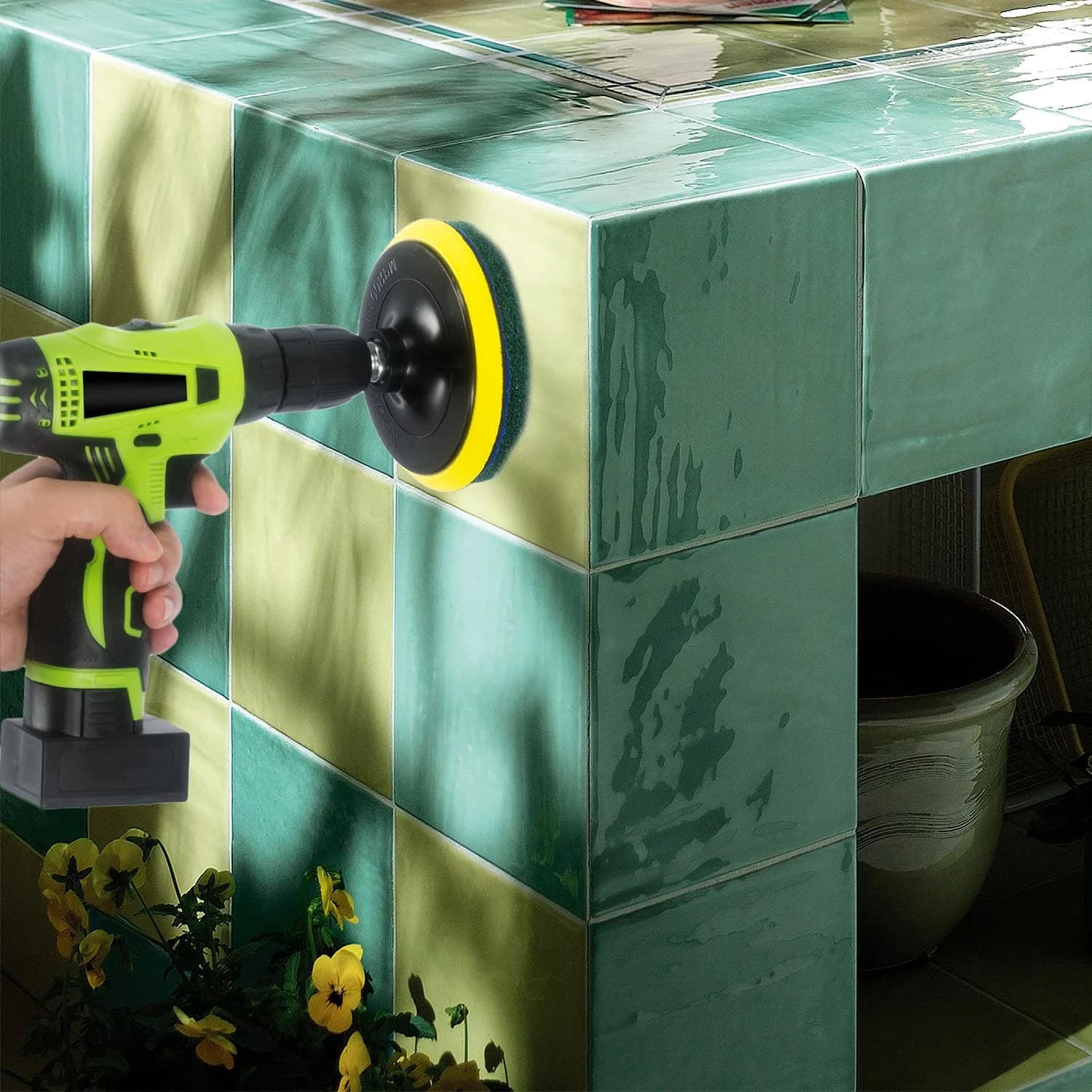 Kichwit 5 Inch Drill Powered Brush Tile Scrubber with 6 Pads | Cleans Large Flat Areas Perfectly - view 5