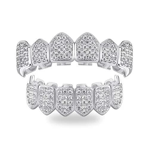 TOPGRILLZ Vampire Fangs Grillz with CZ Stones 18K Gold Plated Brass | Hip Hop Costume Accessory thumbnail 1