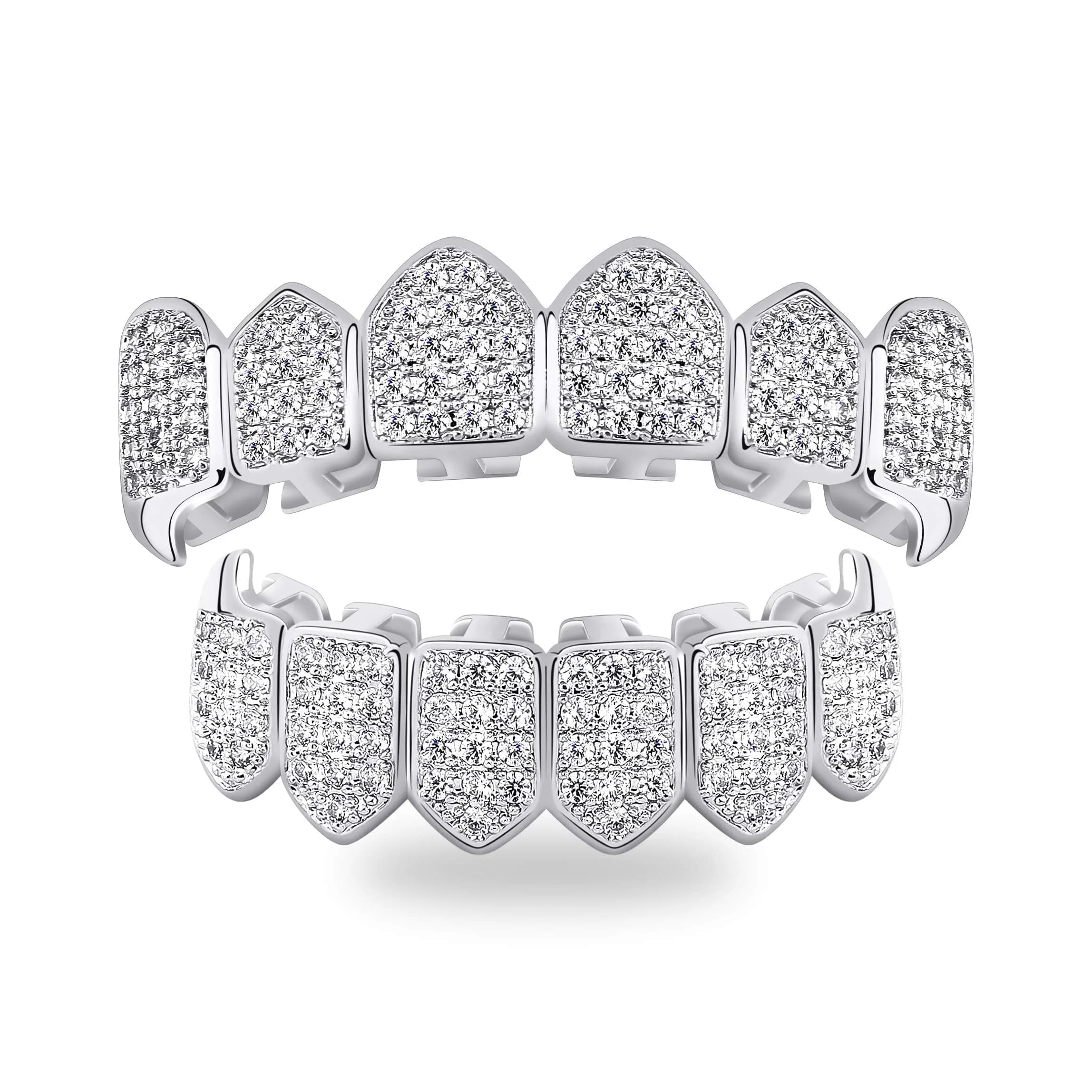 TOPGRILLZ Vampire Fangs Grillz with CZ Stones 18K Gold Plated Brass | Hip Hop Costume Accessory — Silver