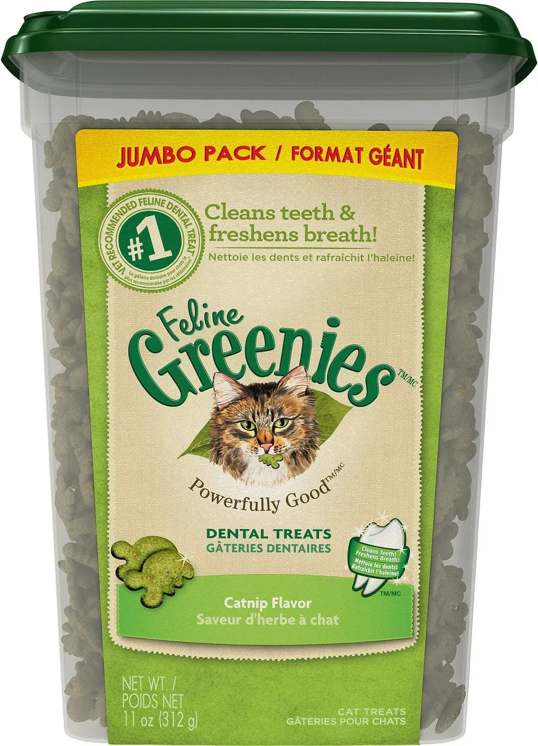 Greenies Feline Veterinarian-Recommended Dental Cat Treats, Catnip Flavor, 1.31 lb (594 g) Tub | Clinically Proven Oral Care — 11 Ounce