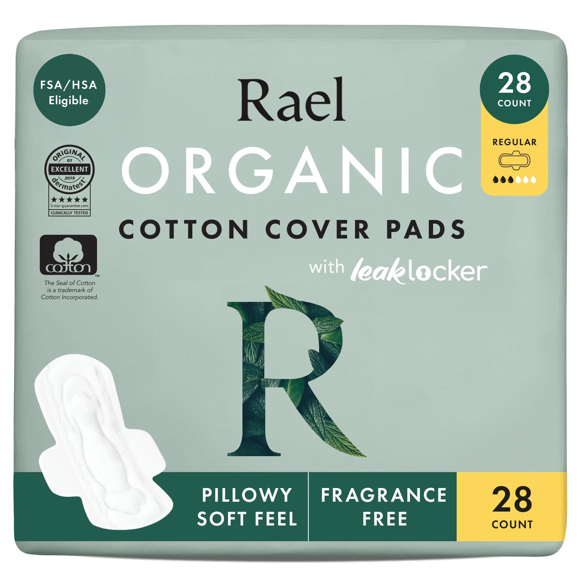 Rael Organic Cotton Cover Sanitary Pads, Moderate Absorbency, Regular, 28 Count | Hypoallergenic & Chlorine-Free - main product image