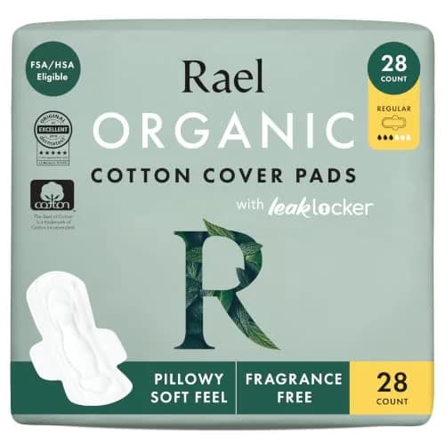 Rael Organic Cotton Cover Sanitary Pads, Moderate Absorbency, Regular, 28 Count | Hypoallergenic & Chlorine-Free thumbnail 1
