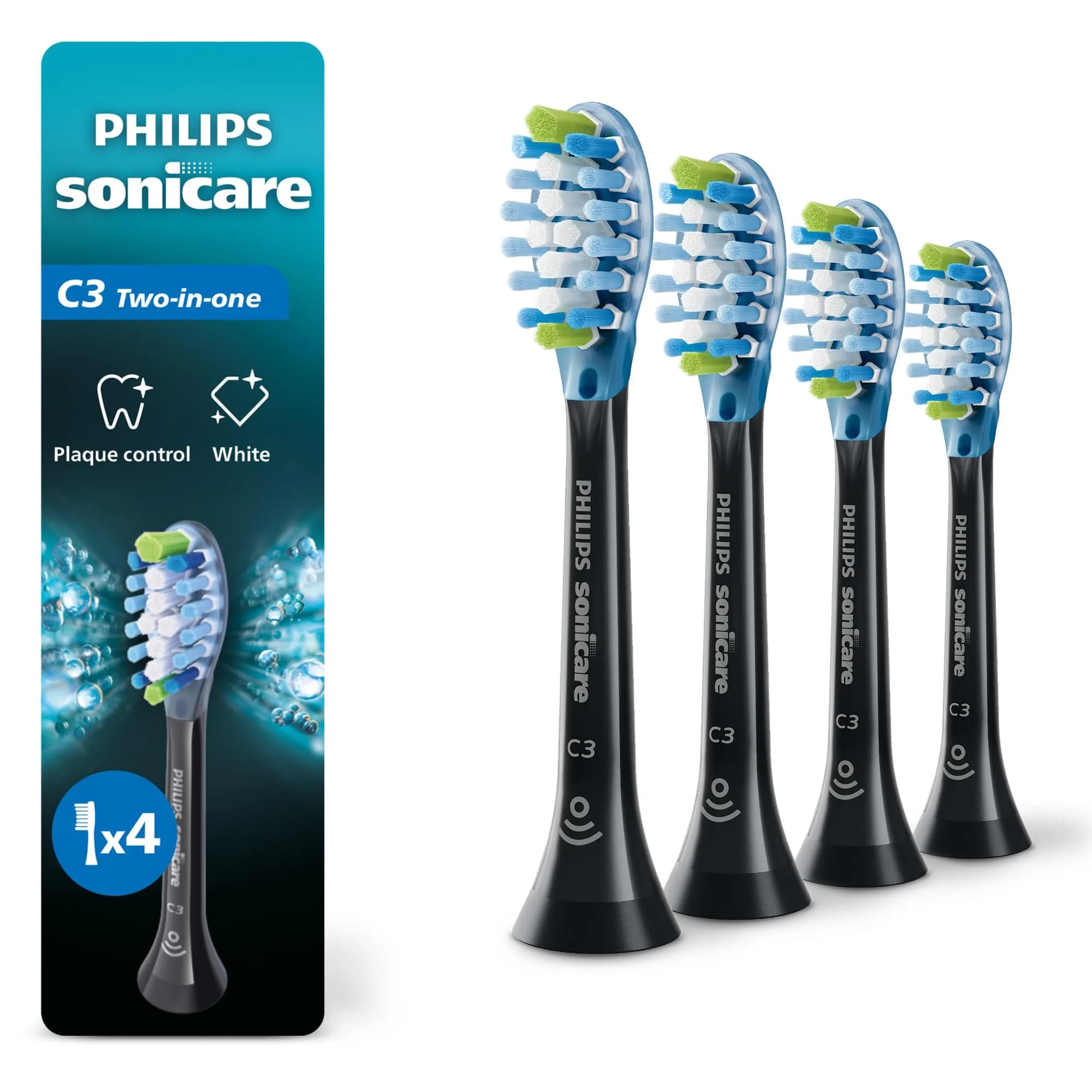 Philips Sonicare C3 Two-in-One Genuine Replacement Electric Toothbrush Heads 4 Pack | Deep Plaque Removal & Whitening - main product image