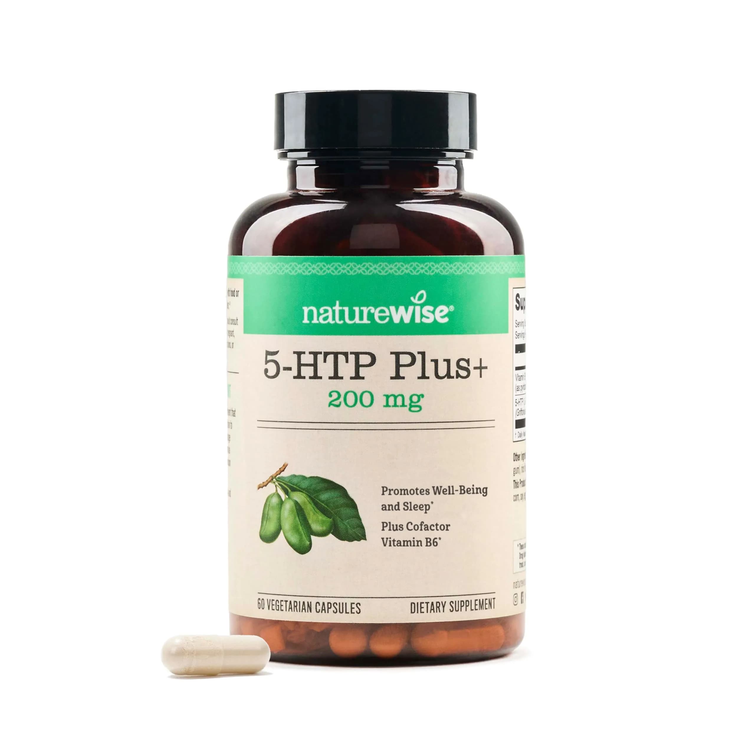 NatureWise 5-HTP 200mg Supplement, Mood & Sleep Support, 60 Vegan Capsules | Vegan, Plant-Based, USA Sourced — Tan