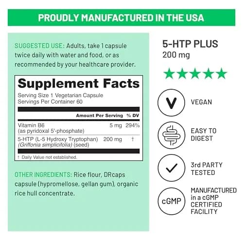 NatureWise 5-HTP 200mg Supplement, Mood & Sleep Support, 60 Vegan Capsules | Vegan, Plant-Based, USA Sourced thumbnail 4
