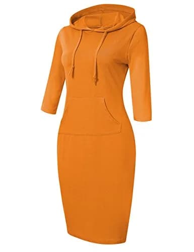 MISSKY Women 3 4 Sleeve Pocket Slim Sweatshirt Pullover Hoodies Dress (M,Orange) | Casual Slim Fit thumbnail 2