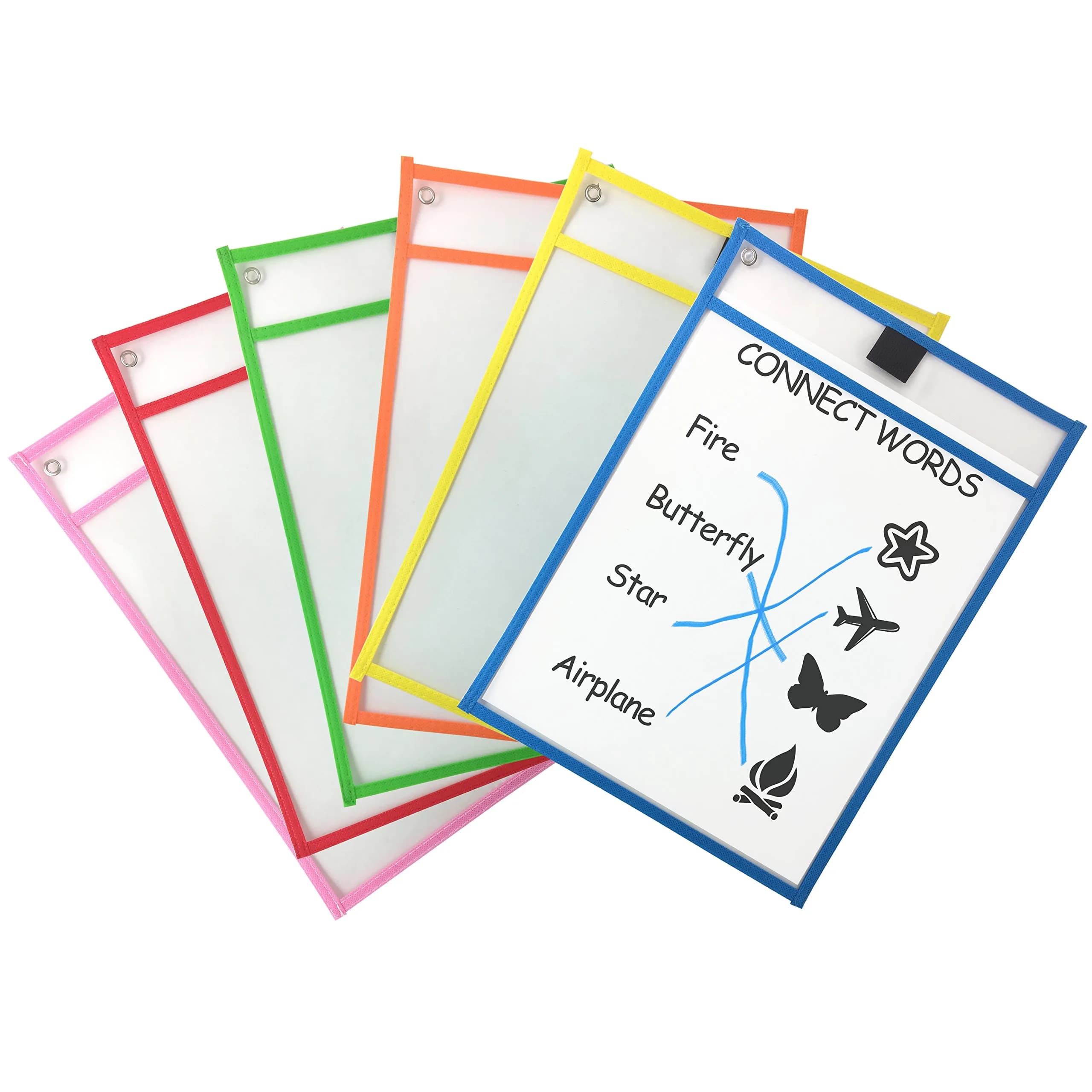 Clipco Assorted Colors Dry Erase Pocket Sleeves 6-Pack | Reusable Worksheet Protectors for Teachers & Students — 6-Pack