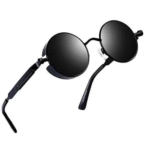 Joopin Small Round Sunglasses Metal Frame 46mm (1.81 in) | Polarized UV400 Protection — Matte Black Black