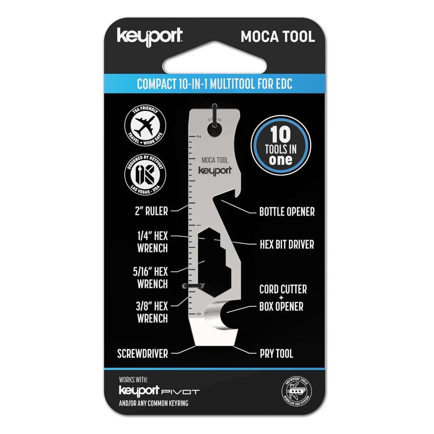 Keyport MOCA 10-in-1 Keychain Multitool - Flat EDC Key Tool - Silver | 2.7" (6.86 cm) Ruler & Wrench Set — key chain size