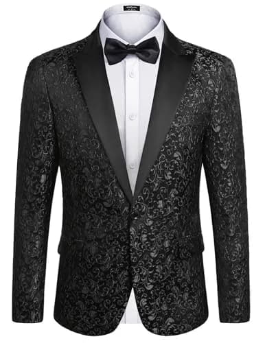 COOFANDY Men's Floral Party Dress Suit Stylish Dinner Jacket Wedding Blazer One Button Tuxedo, Black, US M | Elegant Floral Jacquard thumbnail 1