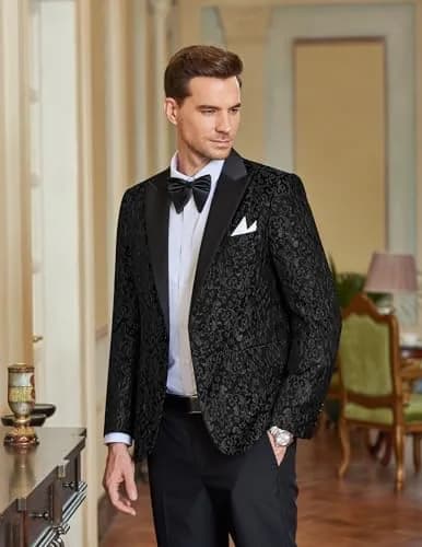 COOFANDY Men's Floral Party Dress Suit Stylish Dinner Jacket Wedding Blazer One Button Tuxedo, Black, US M | Elegant Floral Jacquard thumbnail 7