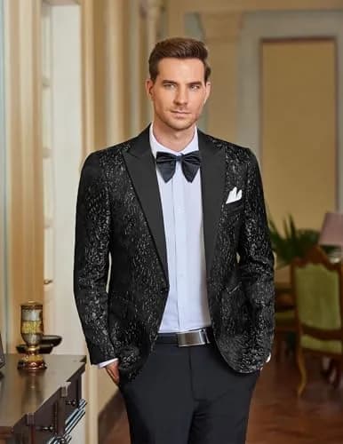 COOFANDY Men's Floral Party Dress Suit Stylish Dinner Jacket Wedding Blazer One Button Tuxedo, Black, US M | Elegant Floral Jacquard thumbnail 2