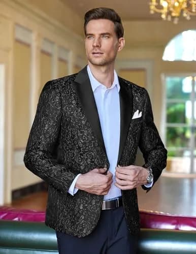 COOFANDY Men's Floral Party Dress Suit Stylish Dinner Jacket Wedding Blazer One Button Tuxedo, Black, US M | Elegant Floral Jacquard thumbnail 3