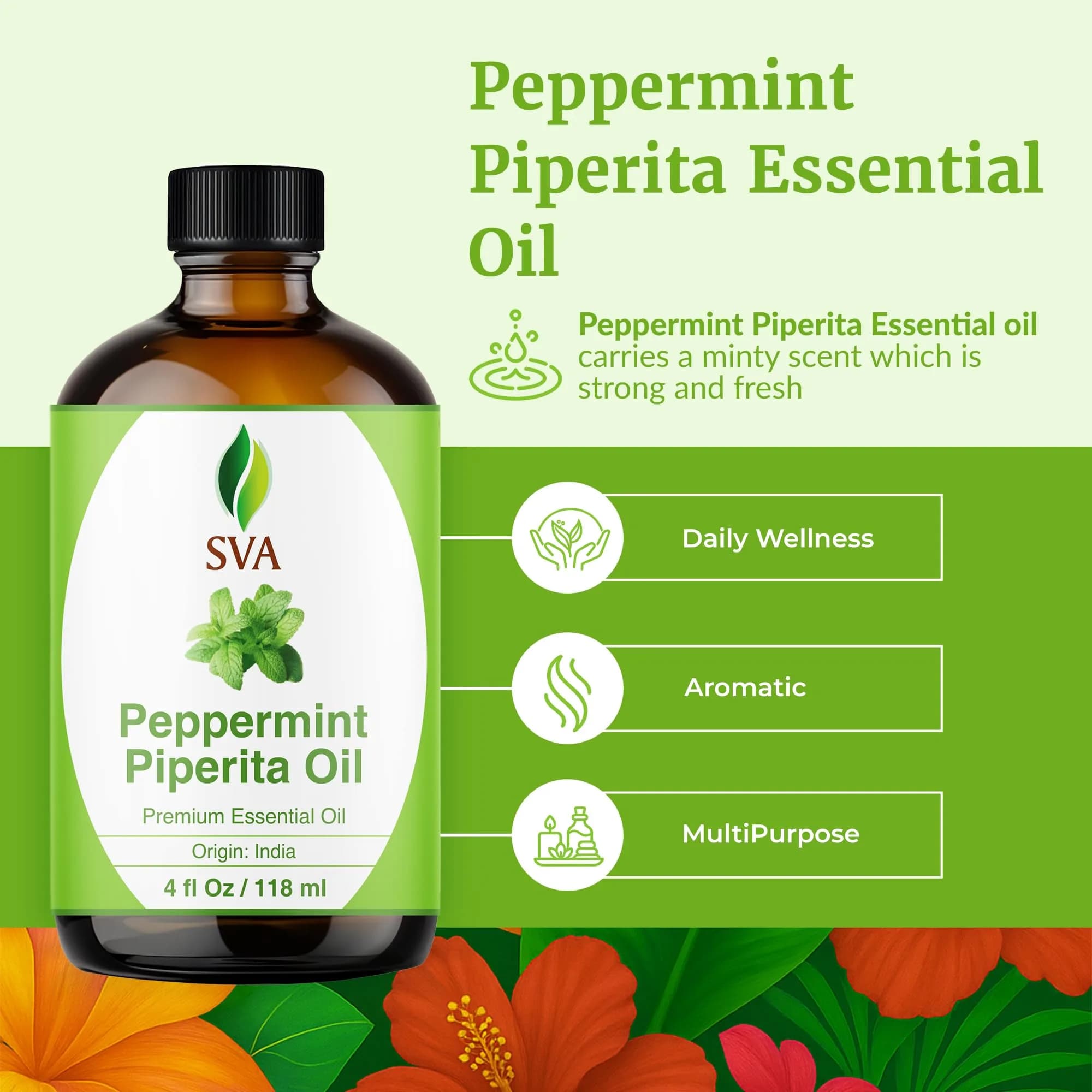 SVA Organics Peppermint Piperita Essential Oil 118ml (4 Fl Oz) | Pure Mint Aroma for Diffuser, Skin & Hair - view 2