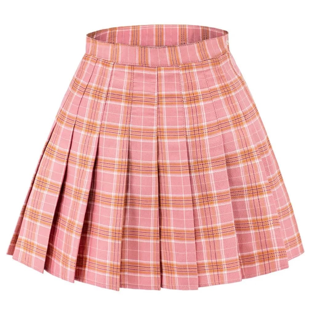 DAZCOS High Waist Pleated Plaid Skirt with Shorts | Casual Women's Mini Skater Skirt in Pink
