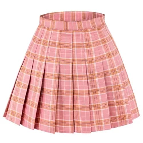 DAZCOS High Waist Pleated Plaid Skirt with Shorts | Casual Women's Mini Skater Skirt in Pink thumbnail 1