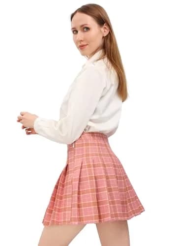 DAZCOS High Waist Pleated Plaid Skirt with Shorts | Casual Women's Mini Skater Skirt in Pink thumbnail 5