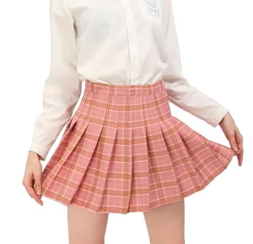 DAZCOS High Waist Pleated Plaid Skirt with Shorts | Casual Women's Mini Skater Skirt in Pink thumbnail 6