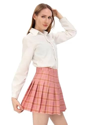 DAZCOS High Waist Pleated Plaid Skirt with Shorts | Casual Women's Mini Skater Skirt in Pink thumbnail 7
