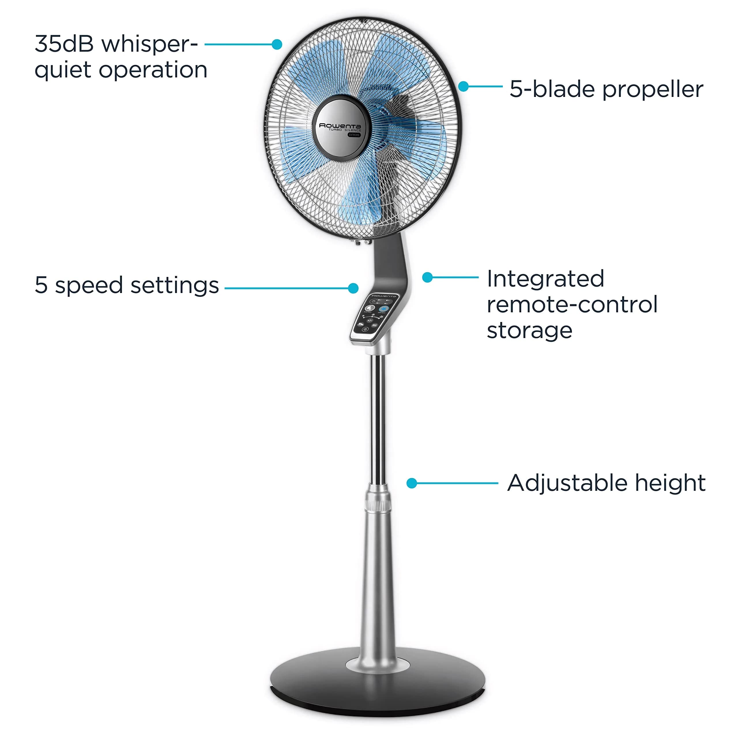 Rowenta Turbo Silence Extreme Table Fan 30cm (12") | Ultra Quiet 35dB(a) 5-Speed Oscillating Fan with Remote — Silver / Floor thumbnail 2
