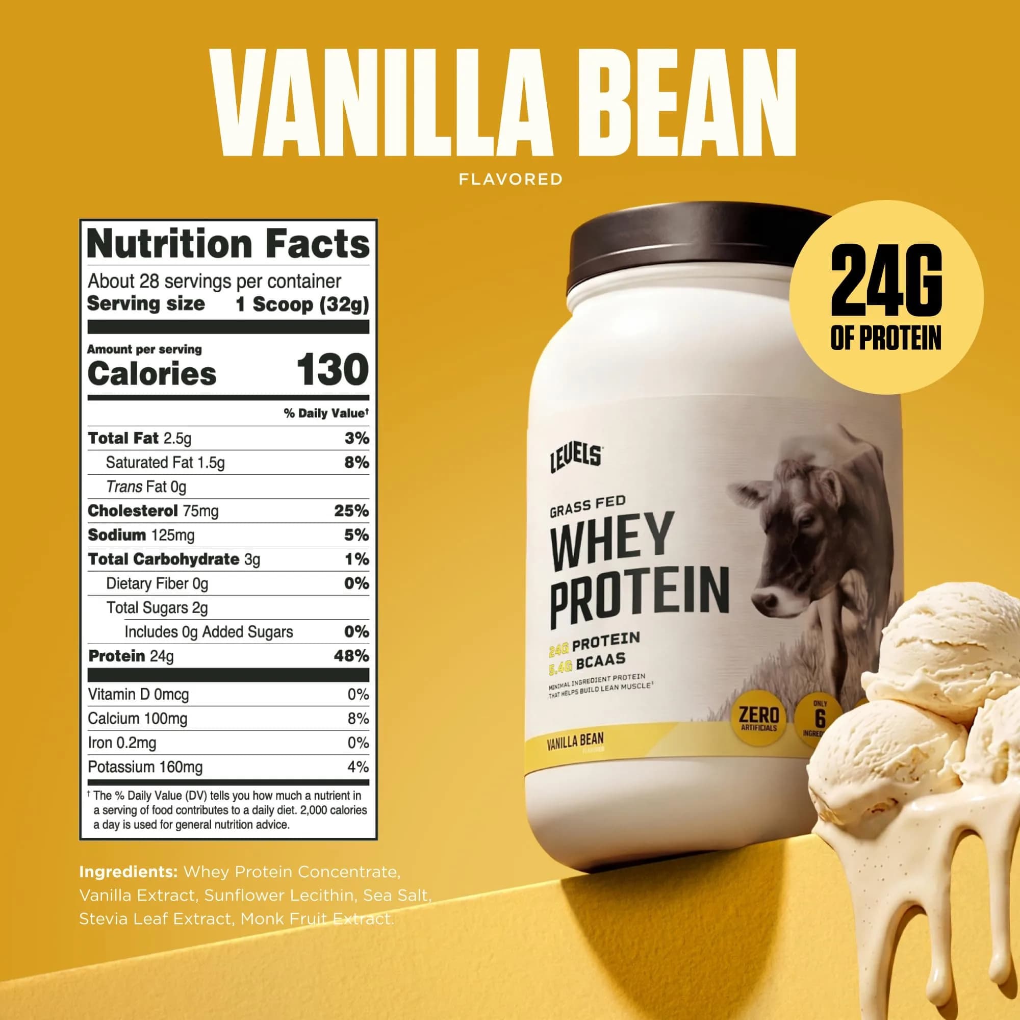 Levels Nutrition Grass Fed Whey Protein Powder Vanilla Bean 2LB | 24g Protein, Clean Ingredients - view 3