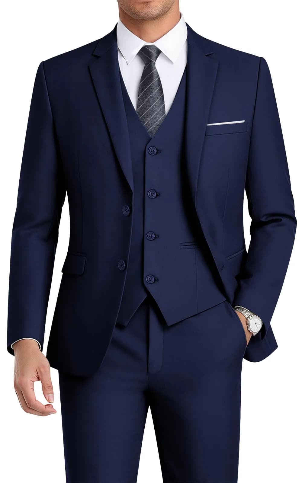 WEEN CHARM Men's 3 Piece Slim Fit Suit Set Navy Blue | Modern Fit Blazer, Vest, Pants for Wedding, Prom, Business — Navy Blue