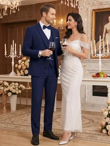 WEEN CHARM Men's 3 Piece Slim Fit Suit Set Navy Blue | Modern Fit Blazer, Vest, Pants for Wedding, Prom, Business thumbnail 4