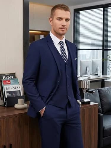 WEEN CHARM Men's 3 Piece Slim Fit Suit Set Navy Blue | Modern Fit Blazer, Vest, Pants for Wedding, Prom, Business thumbnail 2