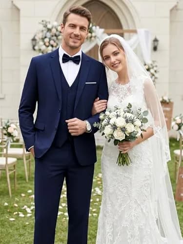 WEEN CHARM Men's 3 Piece Slim Fit Suit Set Navy Blue | Modern Fit Blazer, Vest, Pants for Wedding, Prom, Business thumbnail 3