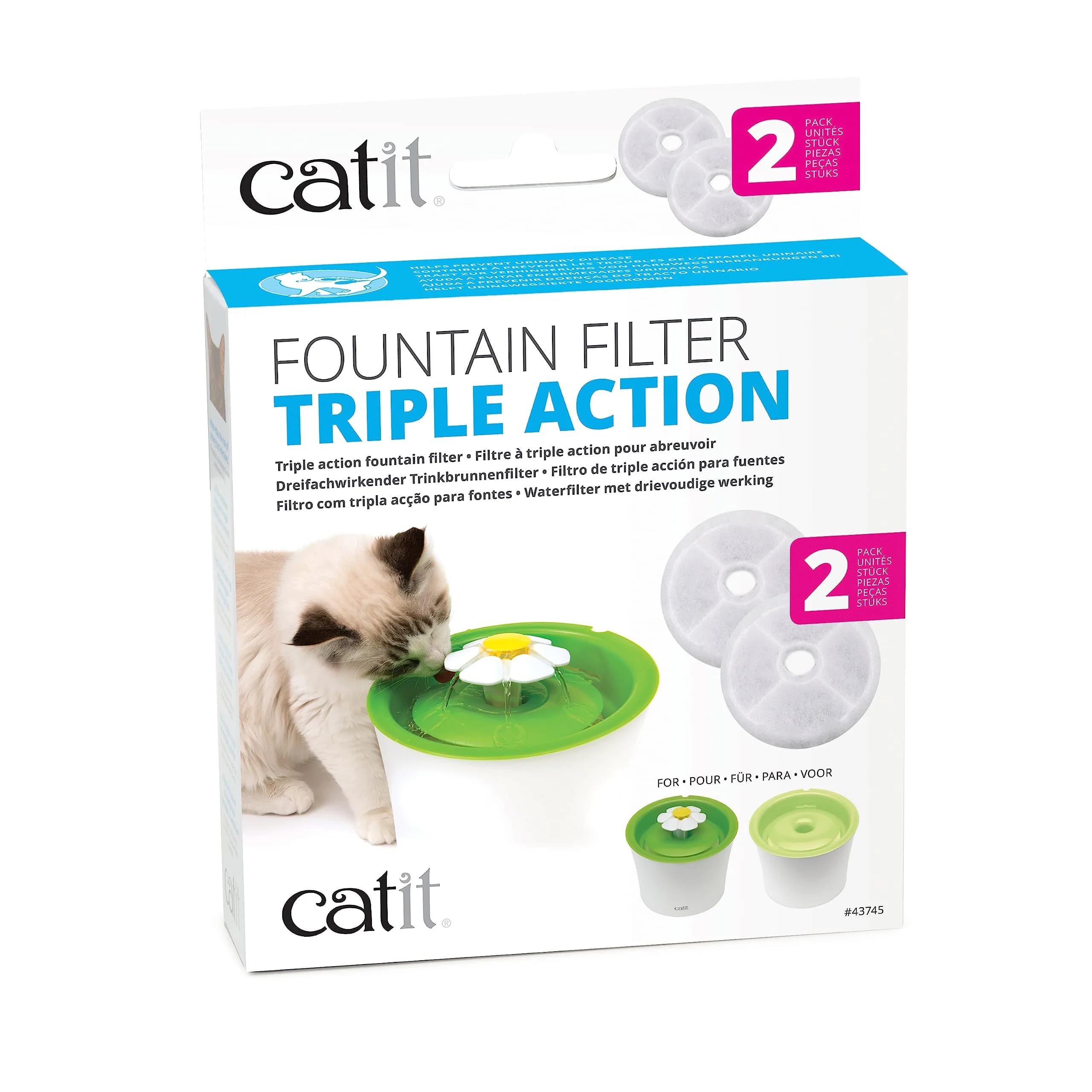 Catit Triple Action Replacement Water Fountain Filters 2 Pack | Odor & Debris Removal, Softens Hard Water, Fits Catit Senses 2.0