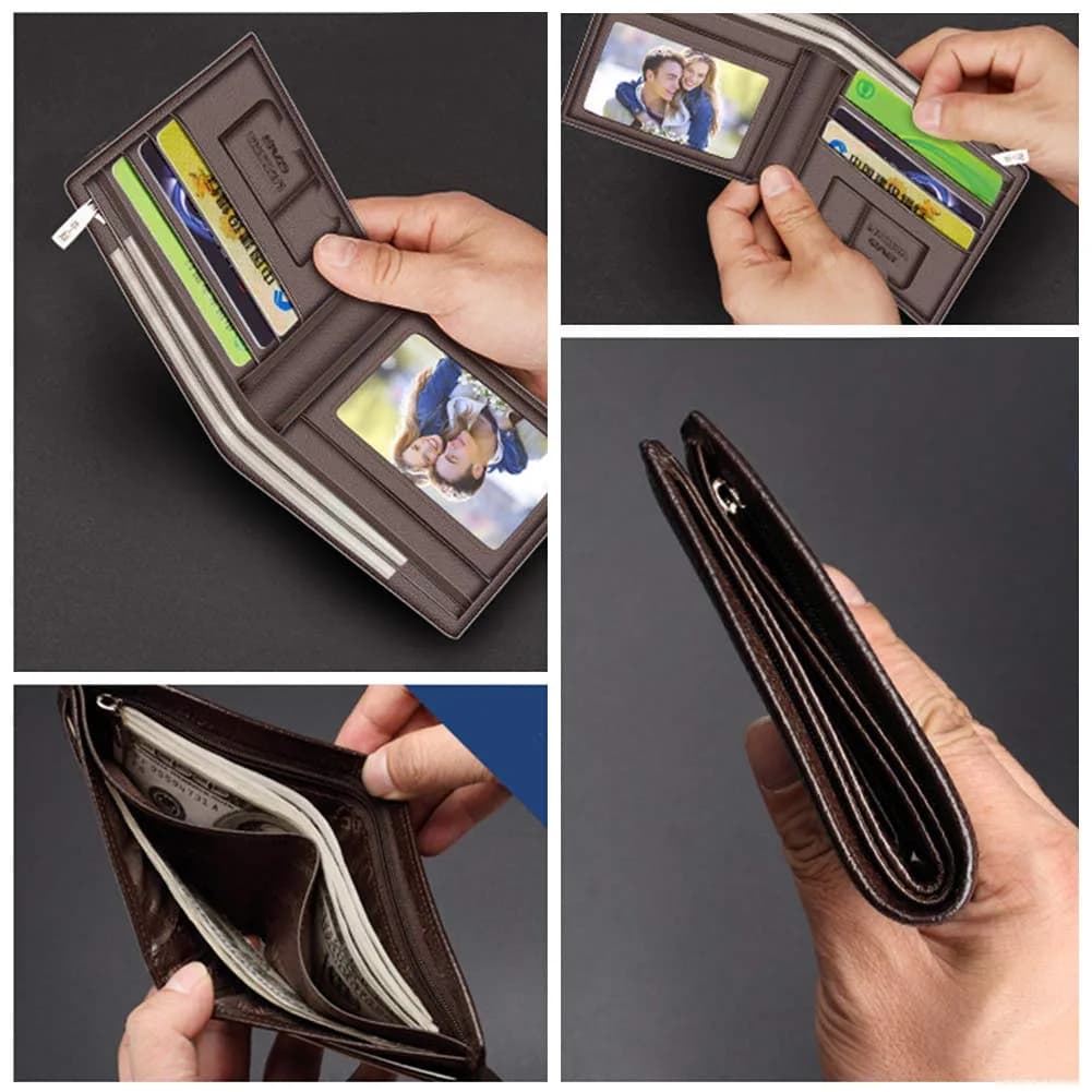LAORENTOU Men's Genuine Leather Bifold Wallet with Zipper Coin Pocket & ID Window | Brown, 11cm x 9.5cm x 1cm (4.33" x 3.74" x 0.39") - view 5