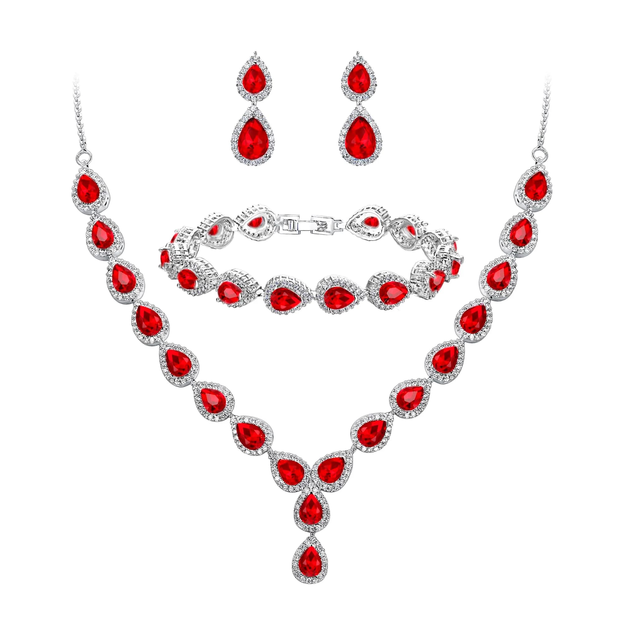 BriLove Wedding CZ Necklace Bracelet Earrings Jewelry for Women Sapphire | Elegant Bridal Jewelry Set — Ruby Color
