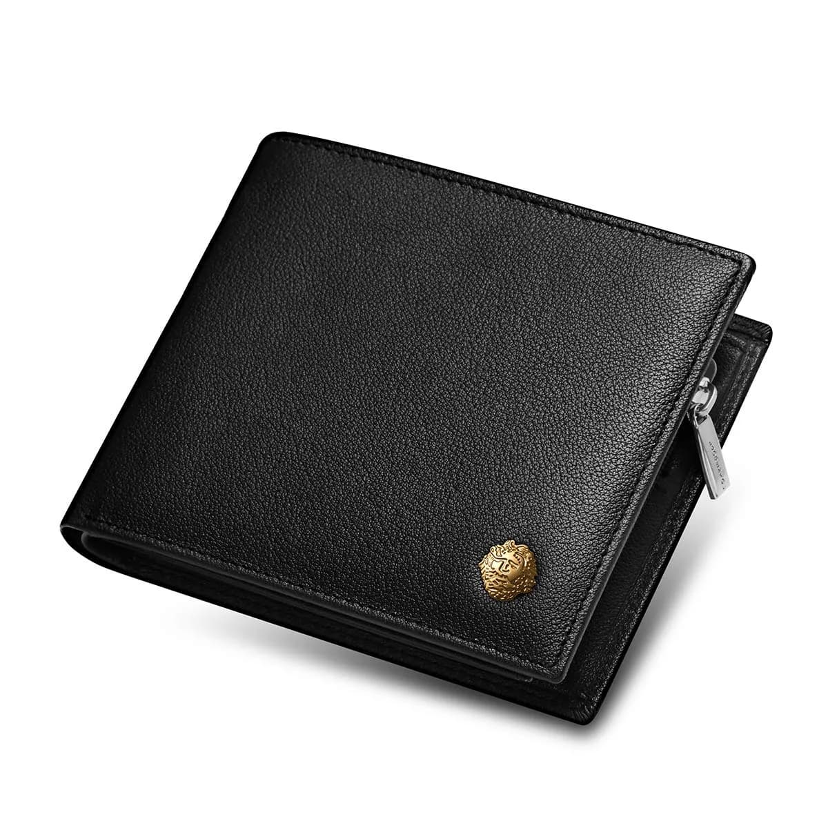LAORENTOU Full-Grain Leather Bifold Wallet for Men | 9 Card Slots, Zipper Coin Pocket, ID Window, Black - main product image