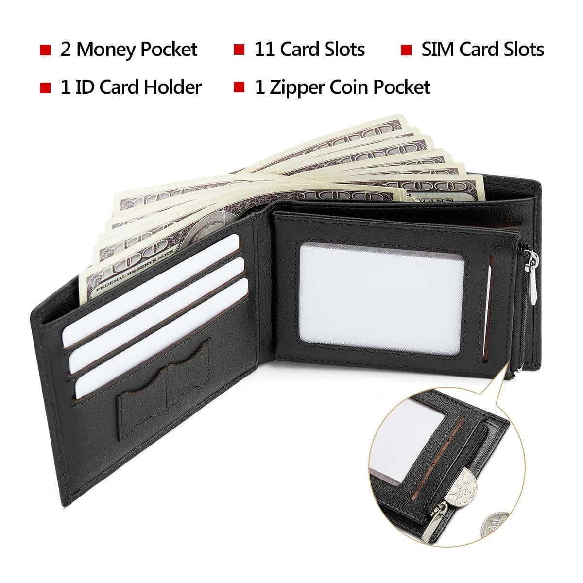 LAORENTOU Full-Grain Leather Bifold Wallet for Men | 9 Card Slots, Zipper Coin Pocket, ID Window, Black - view 5
