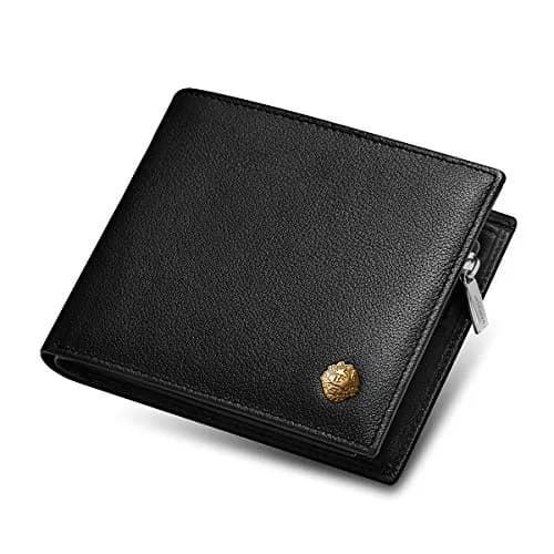 LAORENTOU Full-Grain Leather Bifold Wallet for Men | 9 Card Slots, Zipper Coin Pocket, ID Window, Black thumbnail 1