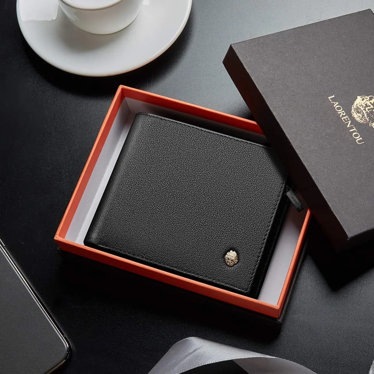 LAORENTOU Full-Grain Leather Bifold Wallet for Men | 9 Card Slots, Zipper Coin Pocket, ID Window, Black - view 2