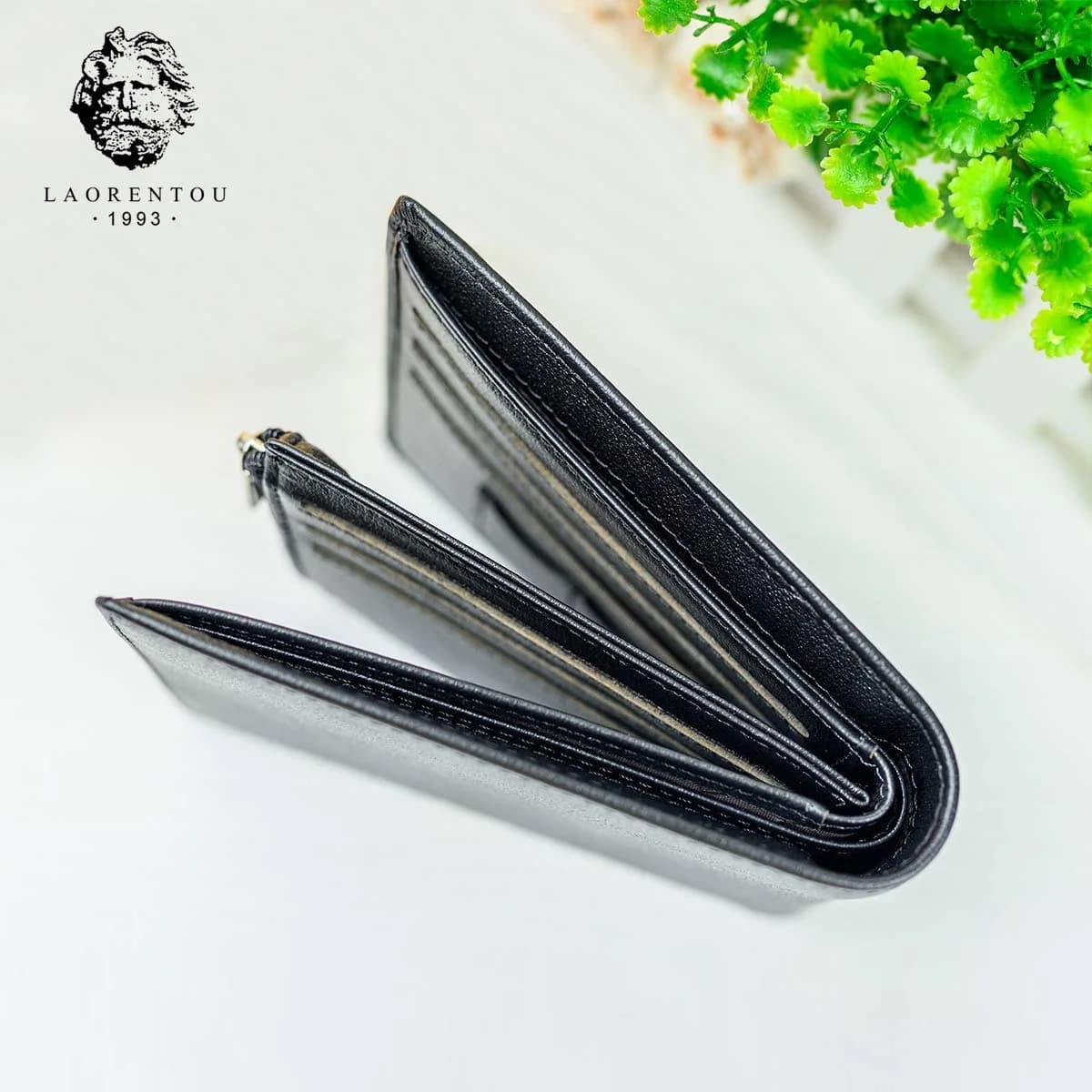 LAORENTOU Full-Grain Leather Bifold Wallet for Men | 9 Card Slots, Zipper Coin Pocket, ID Window, Black - view 3