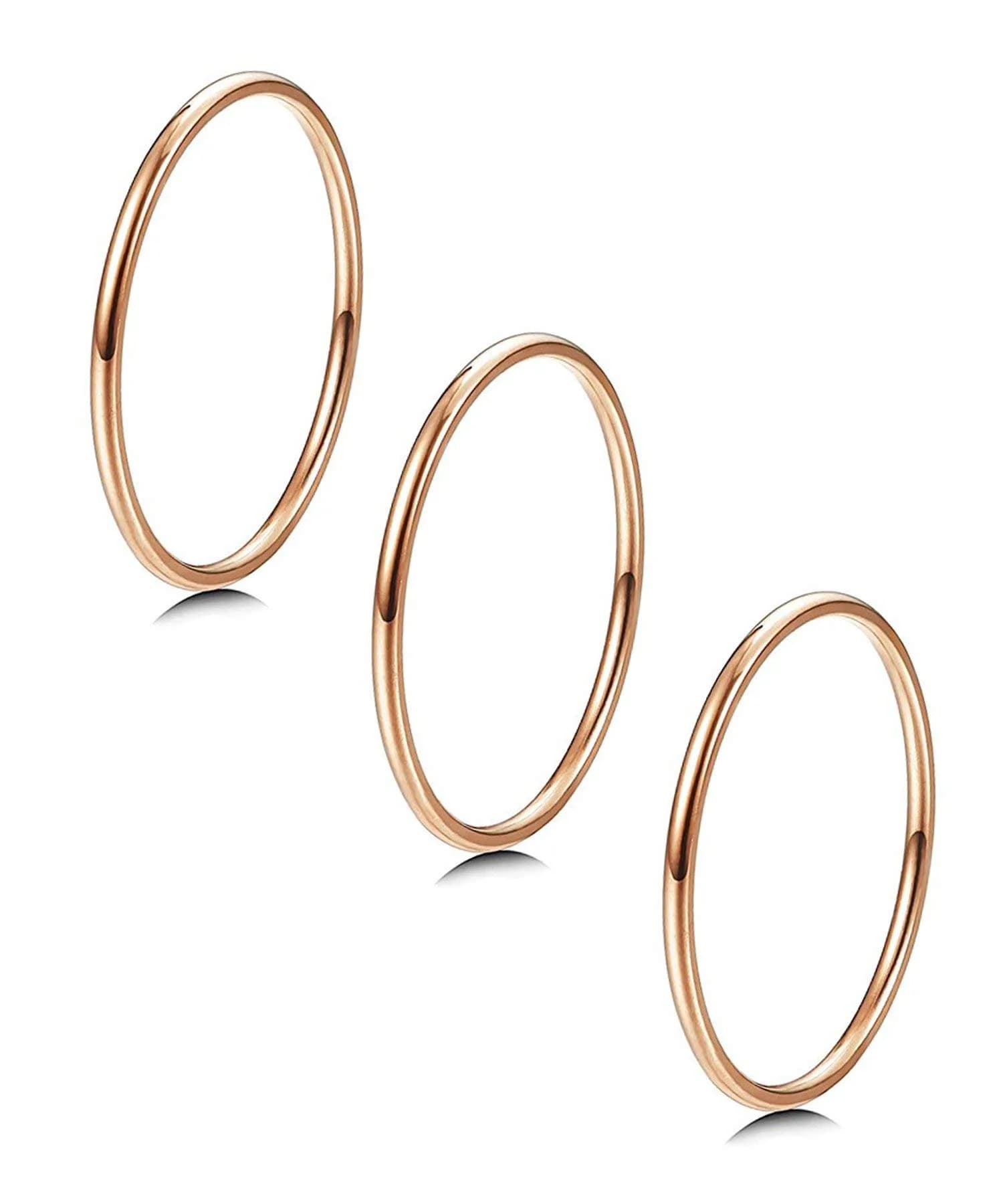 LOYALLOOK 3Pcs 1mm Thin 14K Gold Plated Stackable Rings for Women | Non Tarnish Stainless Steel, Size 3-10, Rose Gold Tone