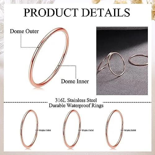 LOYALLOOK 3Pcs 1mm Thin 14K Gold Plated Stackable Rings for Women | Non Tarnish Stainless Steel, Size 3-10, Rose Gold Tone thumbnail 2