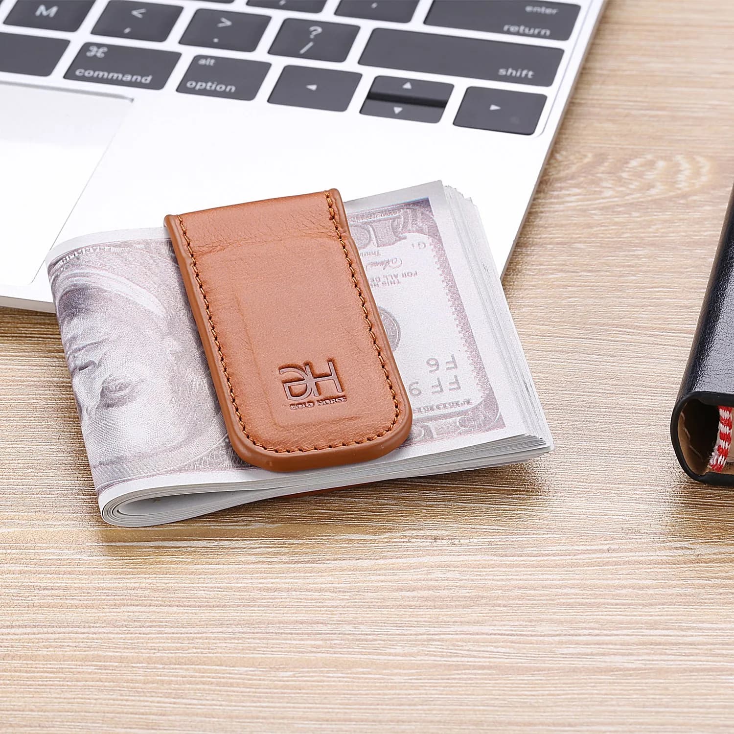 GH GOLD HORSE Slim Magnetic Money Clip Genuine Leather Business Card Holder for Men, Brown | Holds 10-15 Bills & Cards - view 6