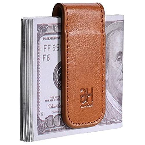 GH GOLD HORSE Slim Magnetic Money Clip Genuine Leather Business Card Holder for Men, Brown | Holds 10-15 Bills & Cards thumbnail 1