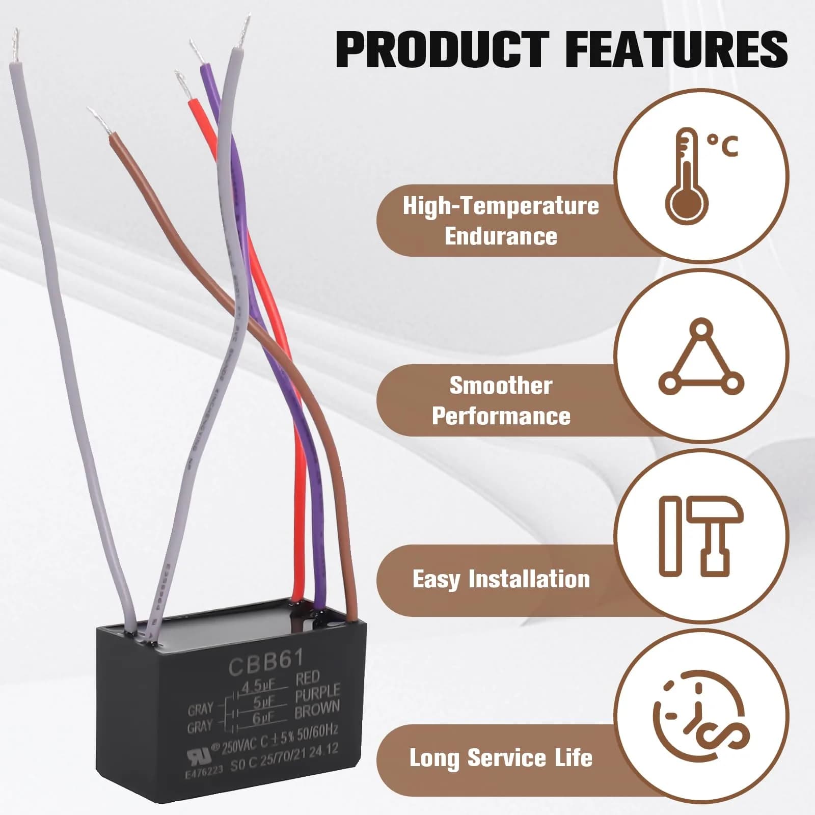 Podoy CBB61 Ceiling Fan Capacitor 4.5uF+5uF+6uF 250VAC 5-Wire 2-Pack | Restores Fan Speeds - view 5