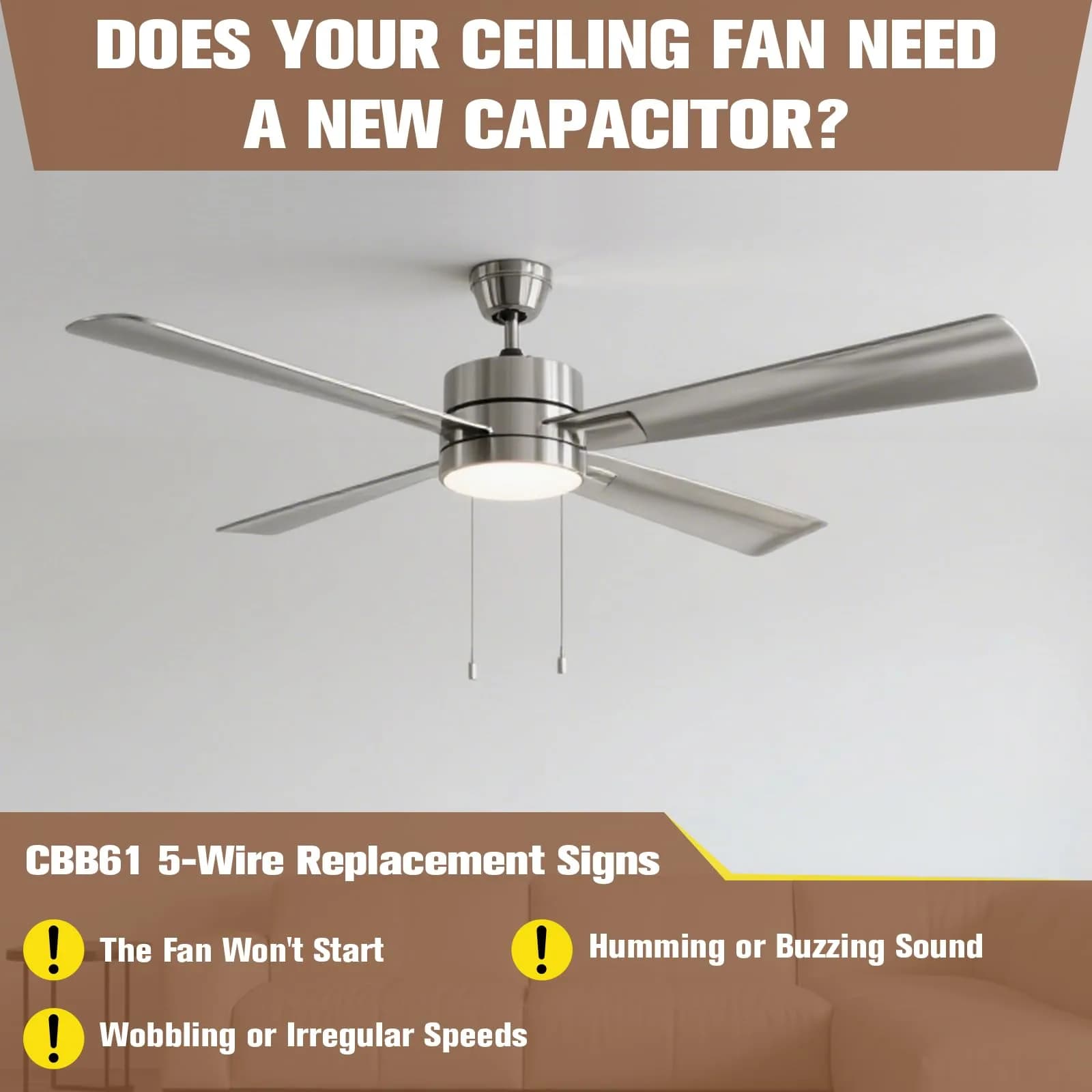 Podoy CBB61 Ceiling Fan Capacitor 4.5uF+5uF+6uF 250VAC 5-Wire 2-Pack | Restores Fan Speeds - view 6