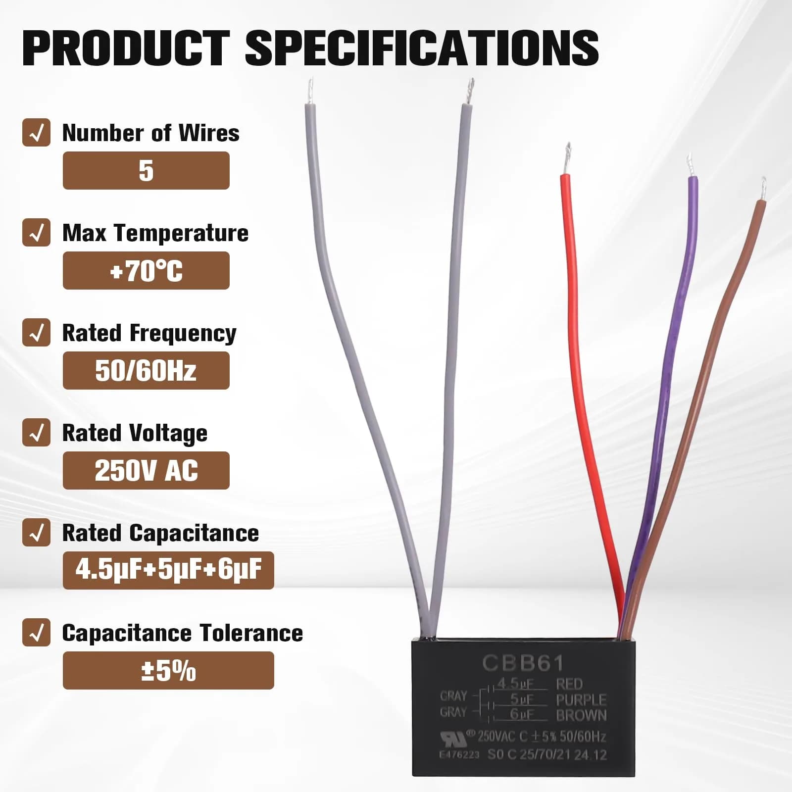 Podoy CBB61 Ceiling Fan Capacitor 4.5uf+5uf+6uf Triple Wire Pack of 2 | 250VAC for Smooth Fan Operation - view 2