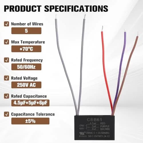 Podoy CBB61 Ceiling Fan Capacitor 4.5uF+5uF+6uF 250VAC 5-Wire 2-Pack | Restores Fan Speeds thumbnail 2